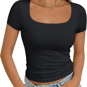 AUTOMET Womens Short Sleeve T Shirts Double Lined Square Nec...