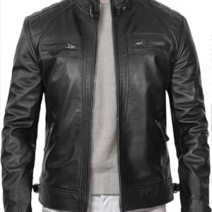 DECIMAL Men's Black Genuine Lambskin Leather Biker Jacket VI...