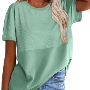 WIHOLL Womens Casual Crew Neck Ribbed Tops Short Sleeve T Sh...