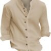 Mens Cotton Linen Shirts Vintage Lightweight Button Down Blo...
