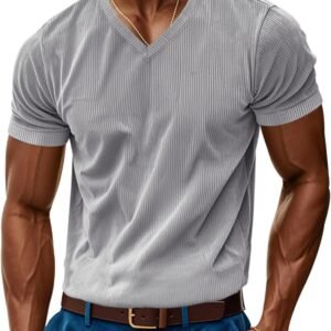 Men's Short Sleeve T-Shirts Corduroy V Neck Ribbed Knit Stre...