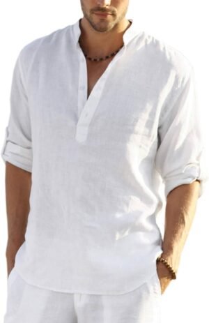 COOFANDY Men's Cotton Linen Henley T-Shirts Long Sleeve Hipp...