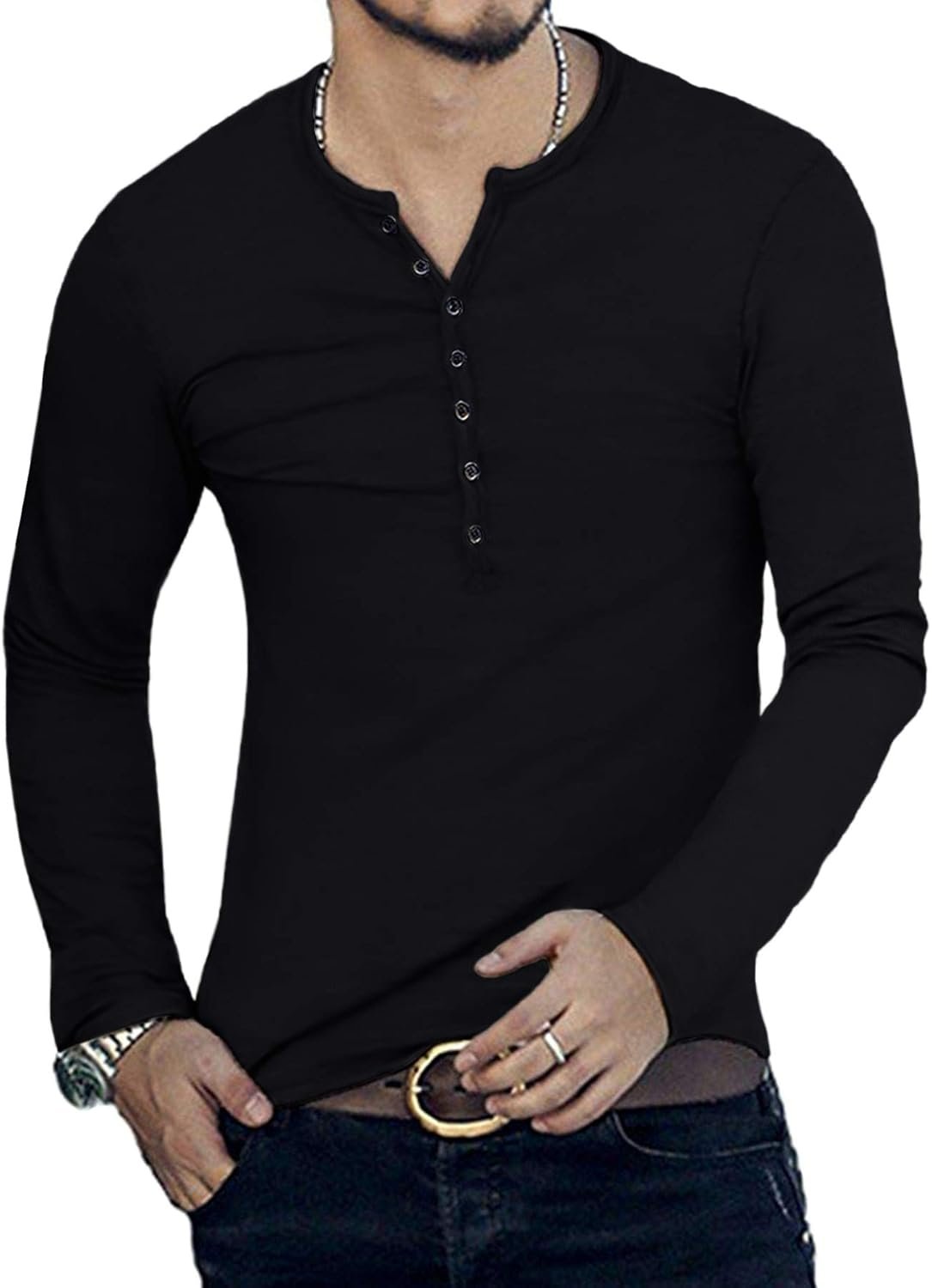 YTD Mens Casual Slim Fit Basic Henley Long Sleeve Fashion T-... - Image 3