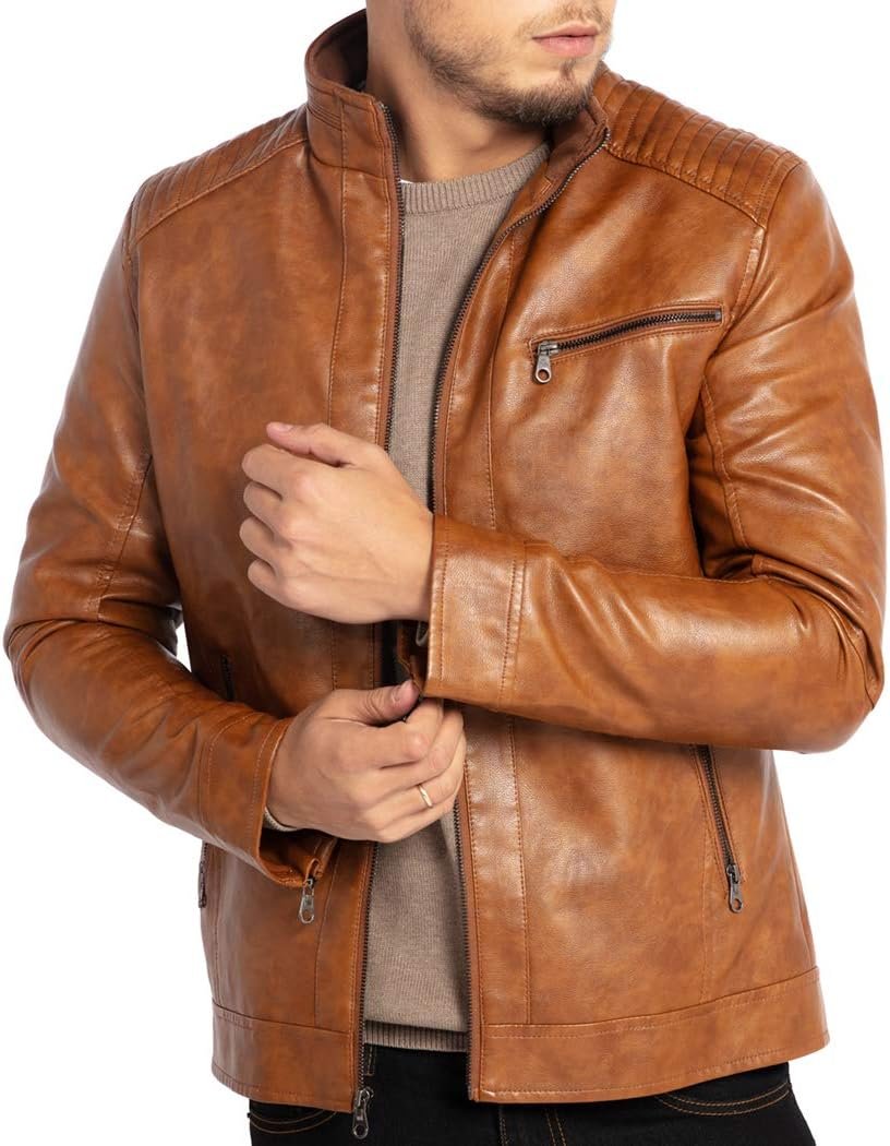WULFUL Men's Stand Collar Leather Jacket Motorcycle Lightwei... - Image 3