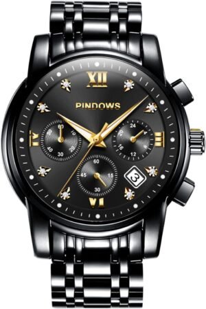PINDOWS Men's Chronograph Calendar Watch Blue Diamond Analog...
