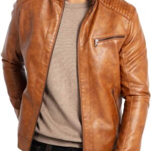 WULFUL Men's Stand Collar Leather Jacket Motorcycle Lightwei...
