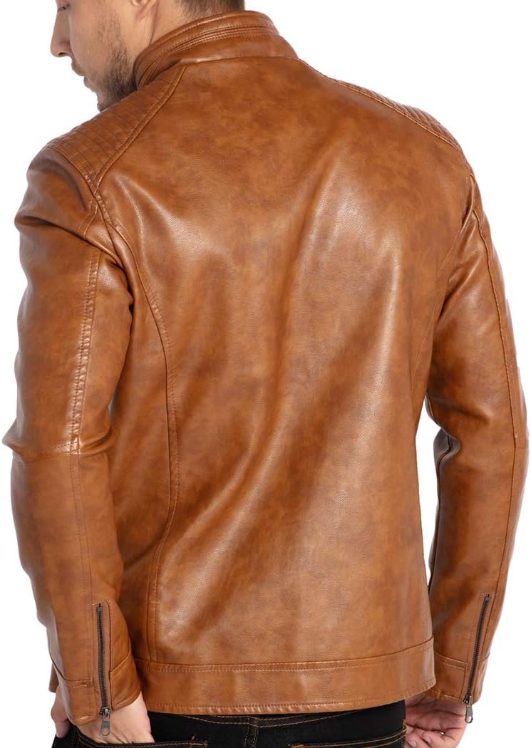 WULFUL Men's Stand Collar Leather Jacket Motorcycle Lightwei... - Image 2