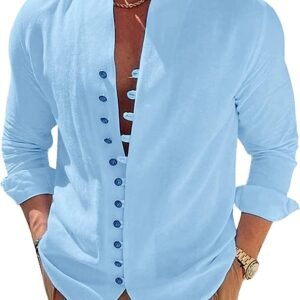 Mens Long Sleeve Cotton Linen Shirt Button Down Blouses Loos...