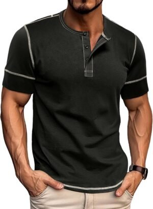 Mens Short Sleeve Henley Shirts Casual Button Tee Shirts Bas...