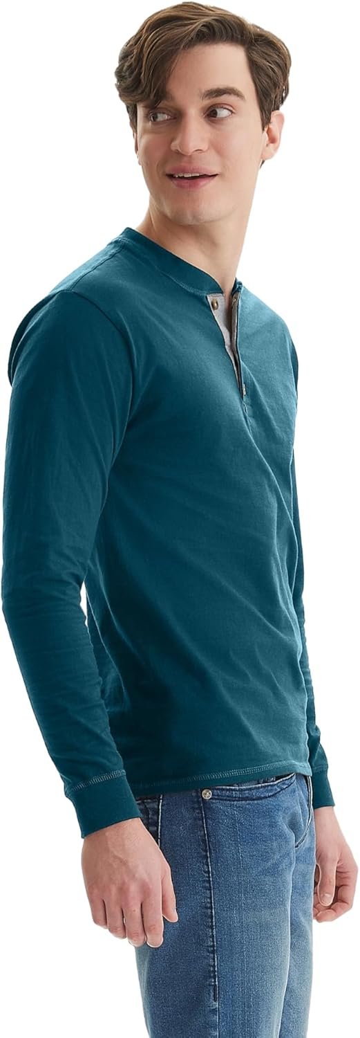 Hanes T Beefyt Henley, Men's Cotton Long Sleeve Shirts