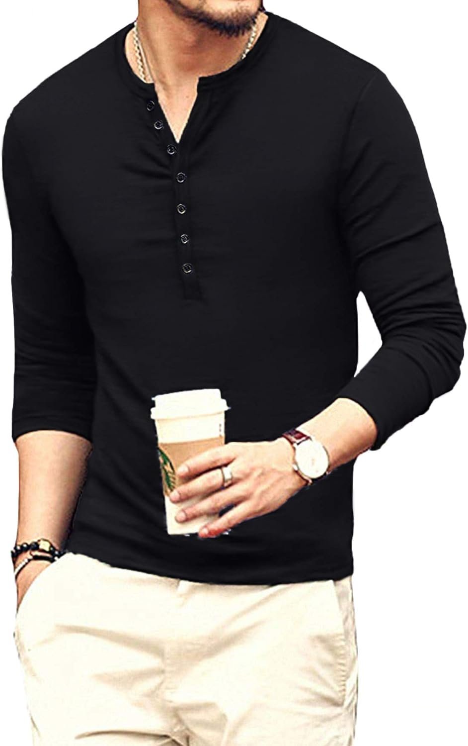 YTD Mens Casual Slim Fit Basic Henley Long Sleeve Fashion T-... - Image 2