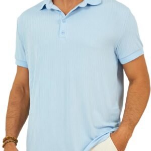Mens Textured Polo Shirts Short Sleeve Collared Slim Fit Pol...
