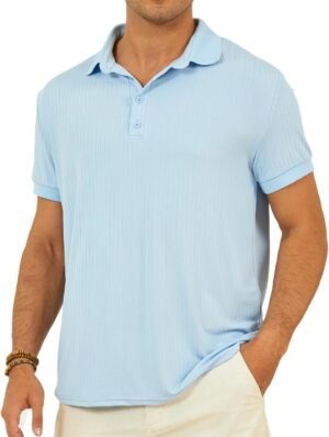 Mens Textured Polo Shirts Short Sleeve Collared Slim Fit Pol...