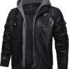 HOOD CREW Men’s Casual Stand Collar PU Faux Leather Zip-Up M...
