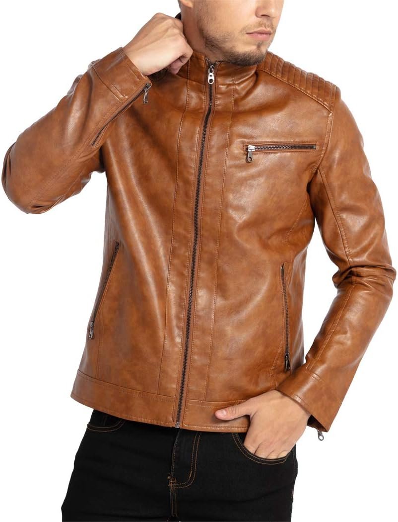 WULFUL Men's Stand Collar Leather Jacket Motorcycle Lightwei... - Image 4
