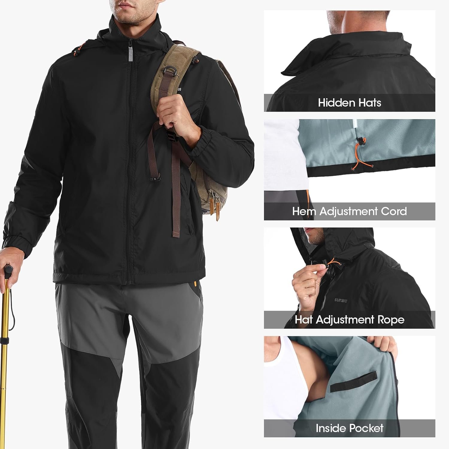 Mens Waterproof Jacket Outdoor Lightweight Hooded Windbreake... - Image 5