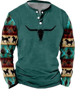 Mens Western Shirts Long Sleeve Aztec Button Down Henley Shi...