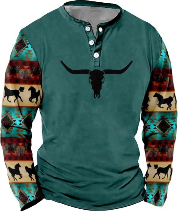 Mens Western Shirts Long Sleeve Aztec Button Down Henley Shi...