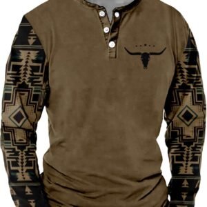Mens Western Shirts Long Sleeve Aztec Button Down Henley Shi...