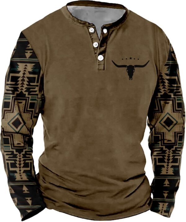 Mens Western Shirts Long Sleeve Aztec Button Down Henley Shi...