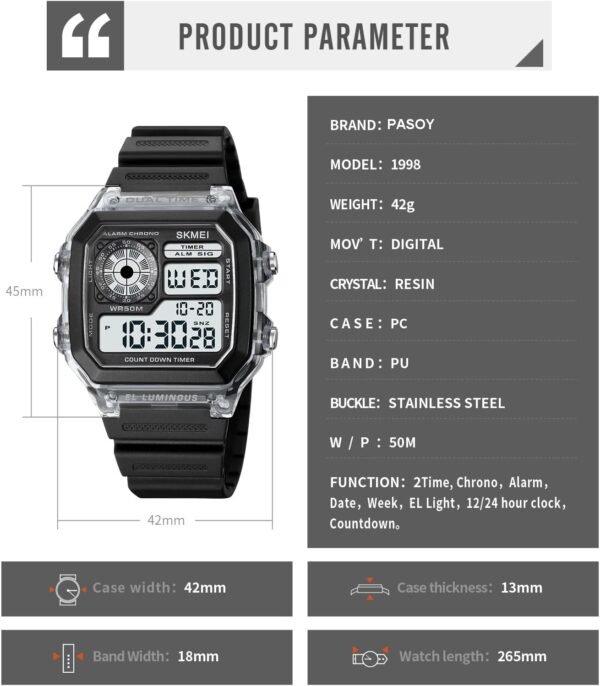 PASOY Men's Digital Multi-Function Watches Dual Time Alarm S...