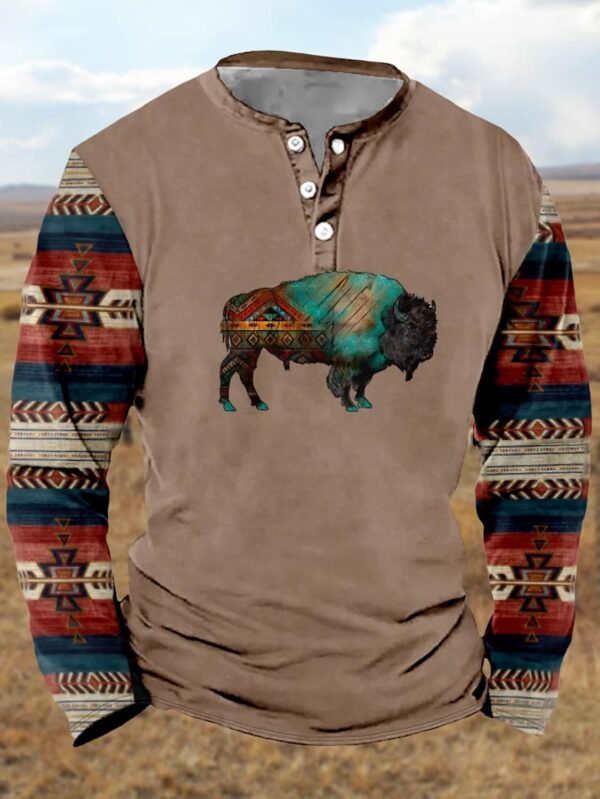 Mens Western Shirts Long Sleeve Aztec Button Down Henley Shi...
