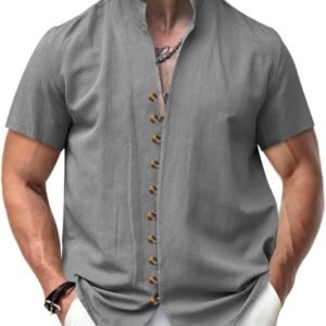 Men's Button Down Vintage Shirt Short Sleeve Collar Dress Sh...