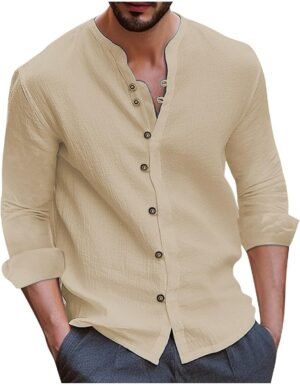 Mens Cotton Linen Shirts Vintage Lightweight Button Down Blo...