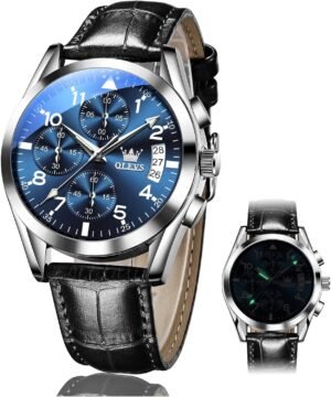 OLEVS Men's Chronograph Quartz Watches, Leather Strap Gold C...