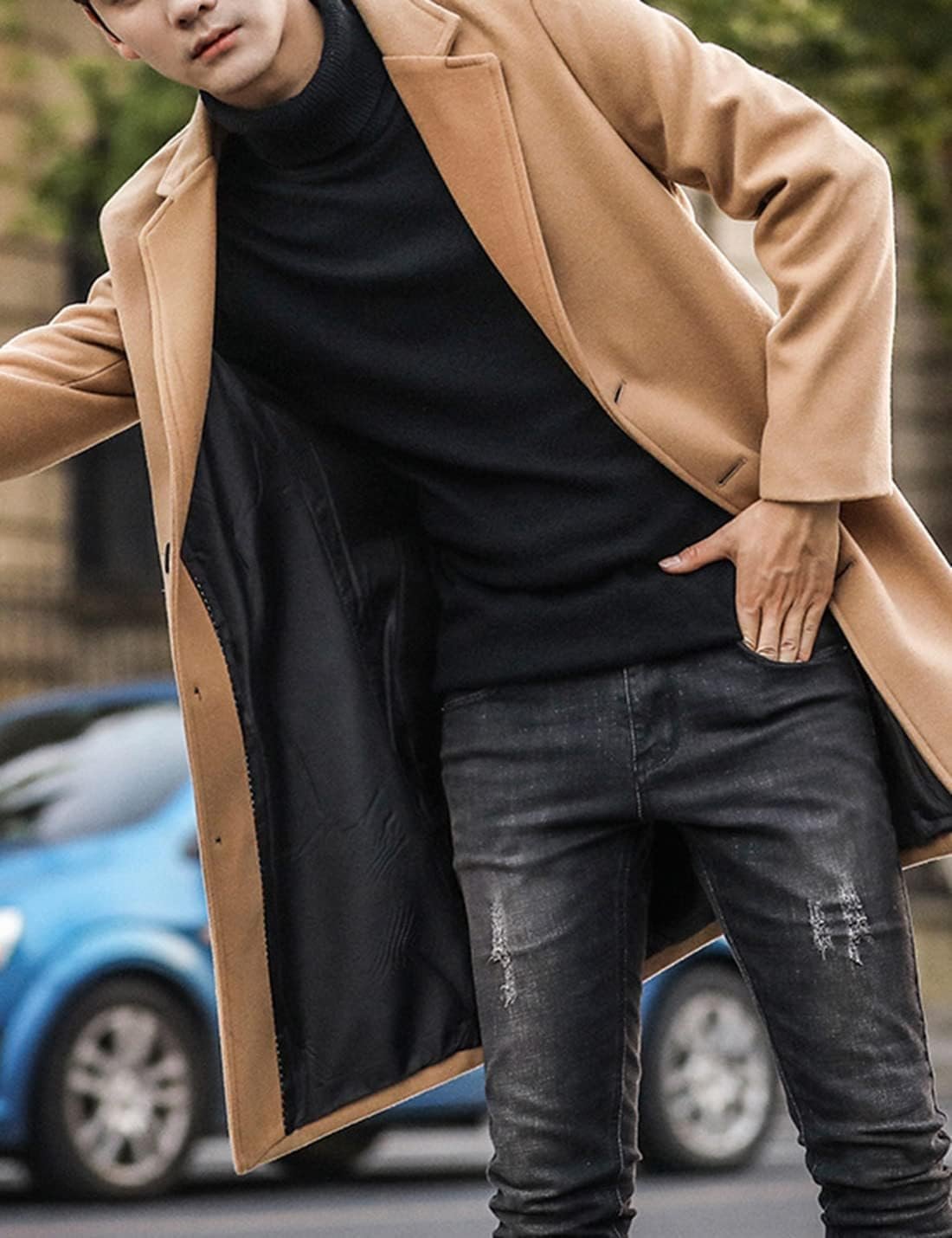 Springrain Men's Wool Blend Pea Coat Notched Collar Single B... - Image 7