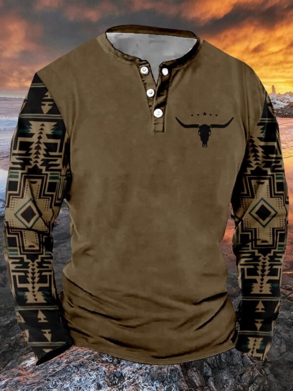 Mens Western Shirts Long Sleeve Aztec Button Down Henley Shi...