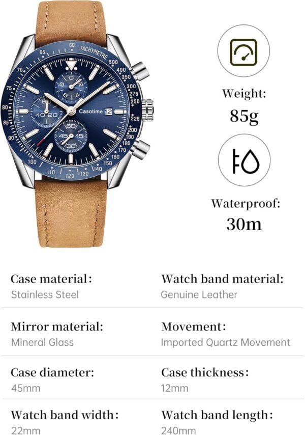 Watches for Men Leather Band Chronograph Mens Watches 30M Wa...