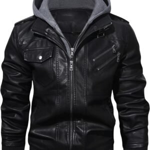 HOOD CREW Men’s Casual Stand Collar PU Faux Leather Zip-Up M...