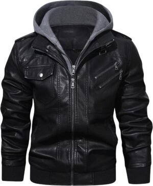 HOOD CREW Men’s Casual Stand Collar PU Faux Leather Zip-Up M...