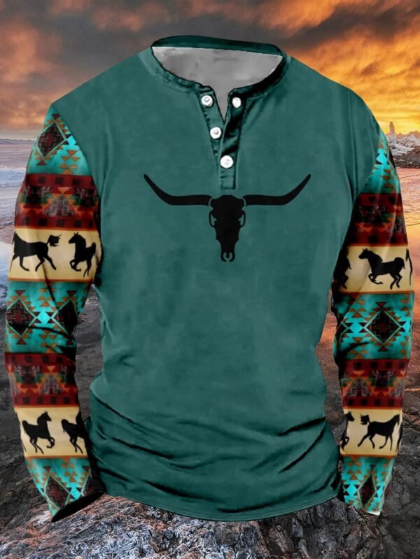 Mens Western Shirts Long Sleeve Aztec Button Down Henley Shi...