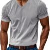 PORCLAY Mens Short Sleeve T-Shirts Corduroy V Neck Ribbed St...