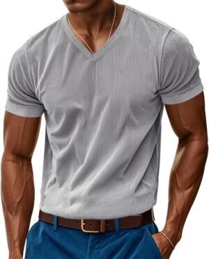 PORCLAY Mens Short Sleeve T-Shirts Corduroy V Neck Ribbed St...