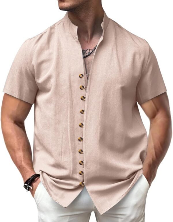 PORCLAY Men's Linen Shirt Short Sleeve Button Down Collar T ...