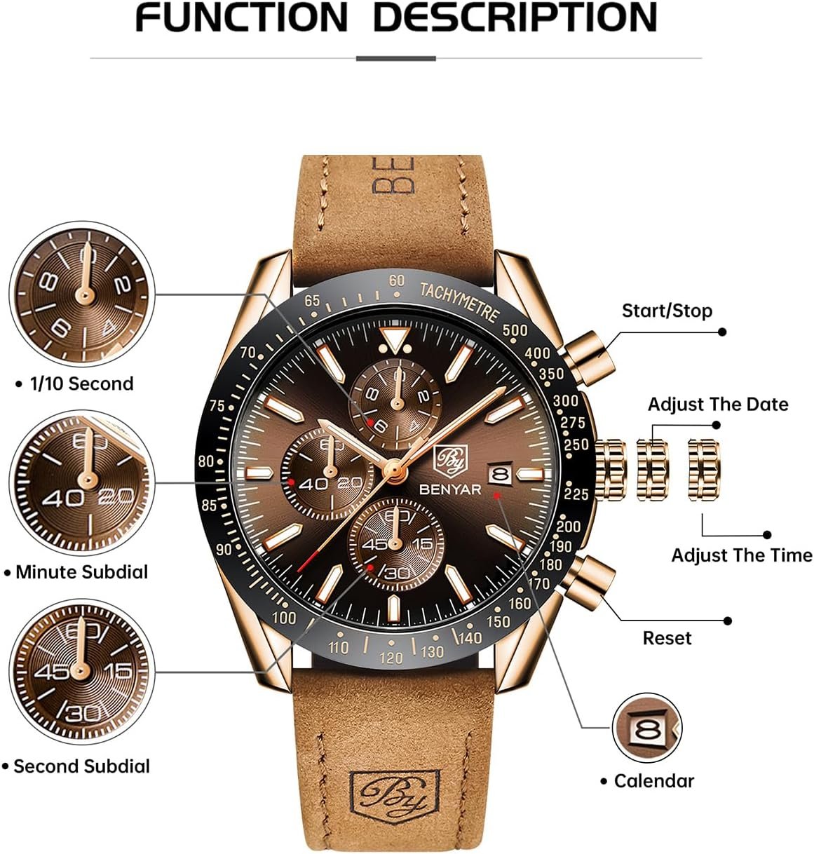 BY BENYAR Watch for Men Analog Quartz Chronograph Waterproof... - Image 3