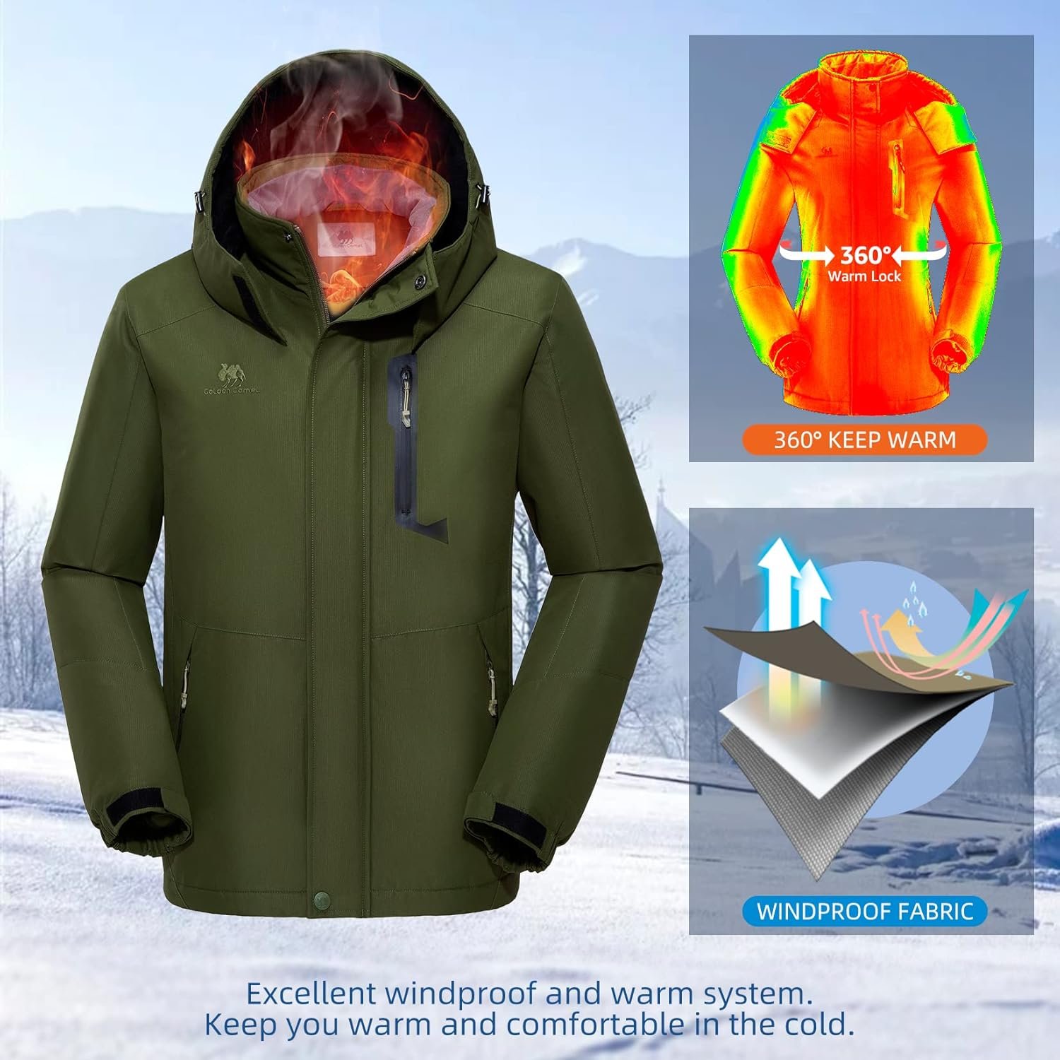 GOLDEN CAMEL Men's Winter Jacket Windproof Ski Snow Jacket W... - Image 3
