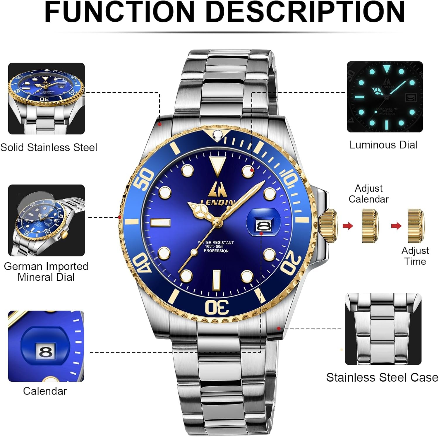 LN LENQIN Mens Watches Stainless Steel Waterproof Analog Qua... - Image 5
