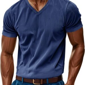 PORCLAY Mens Short Sleeve T-Shirts Corduroy V Neck Ribbed St...