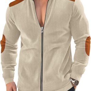 Men's Casual Zipper Corduroy Jacket Corduroy Lapel Long Slee...