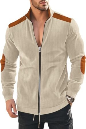 Men's Casual Zipper Corduroy Jacket Corduroy Lapel Long Slee...