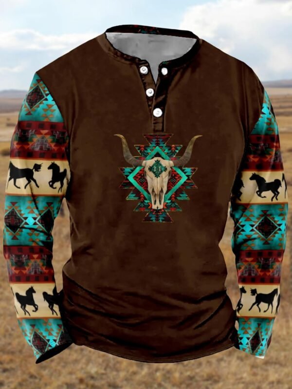 Mens Western Shirts Long Sleeve Aztec Button Down Henley Shi...