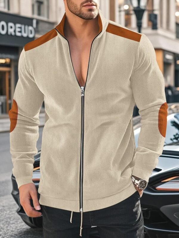 Men's Casual Zipper Corduroy Jacket Corduroy Lapel Long Slee...
