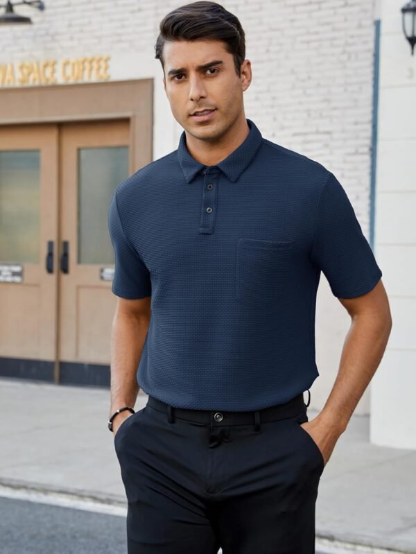 Men's Casual Short Sleeve Bubble Jacquard Polo Shirt Collare...