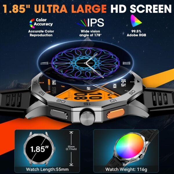 Military Smart Watch for Men 1.85" HD Ultra Screen Touch Scr...