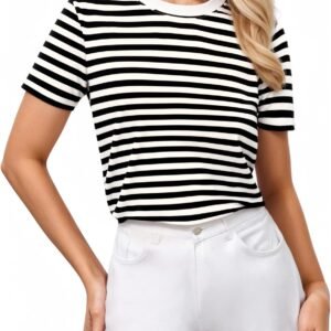 MANGOPOP Short Sleeve Striped Color Block Shirt for Women Re...