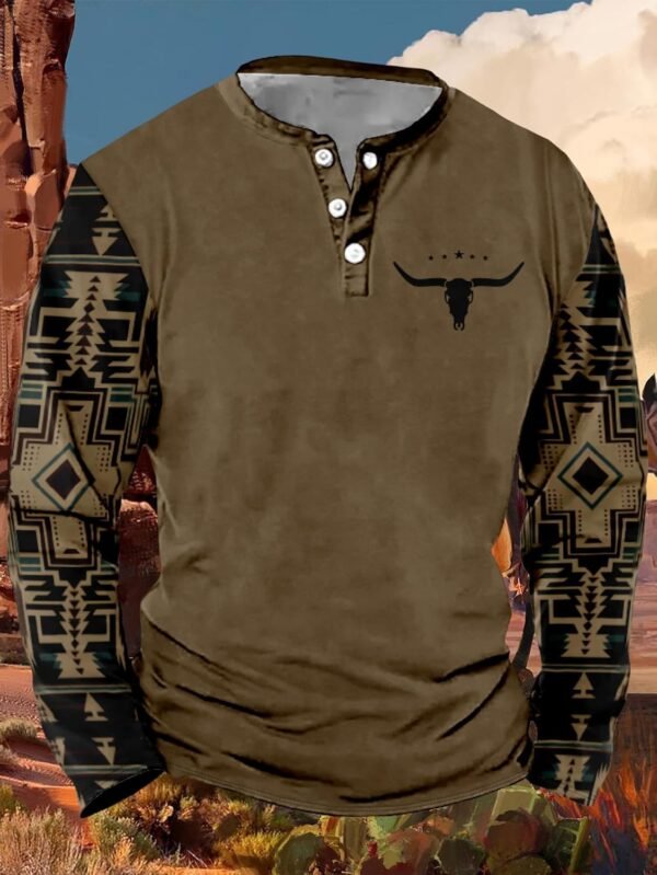 Mens Western Shirts Long Sleeve Aztec Button Down Henley Shi...